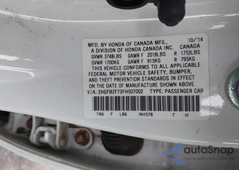 2015 Honda Civic Se z USA, uszkodzony, nr VIN 2HGFB2F73FH507002